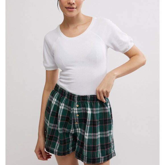 FREE PEOPLE Sunday Morning Boxer Shorts / Evergreen Combo - Picture 2 of 5